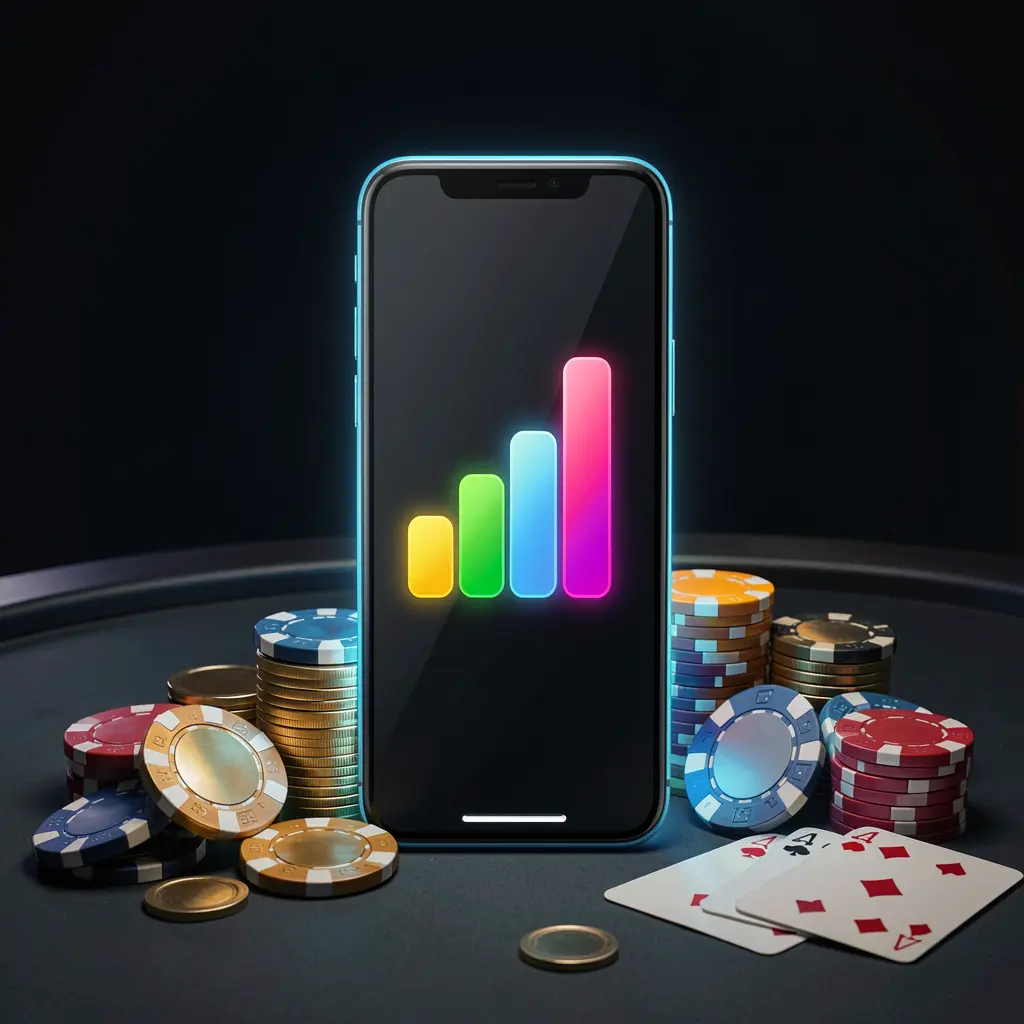 XE999 casino app installation visual showing a smartphone with a glowing progress bar surrounded by coins, chips, and cards on a dark background