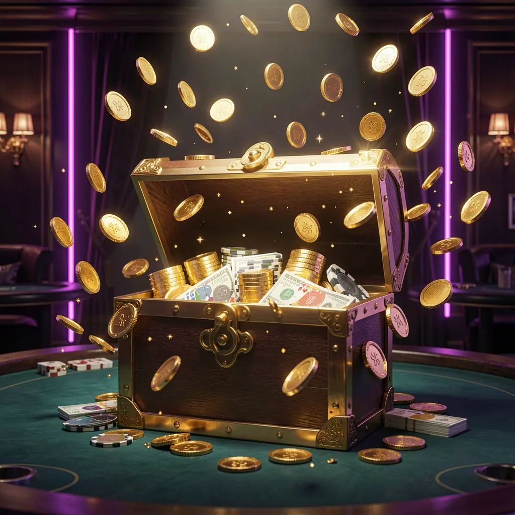 XE999 premium online casino bonus hero banner featuring golden coins flying in the air and a glowing treasure chest full of chips and cash against a luxury dark background with neon accents and a festive, elegant casino style