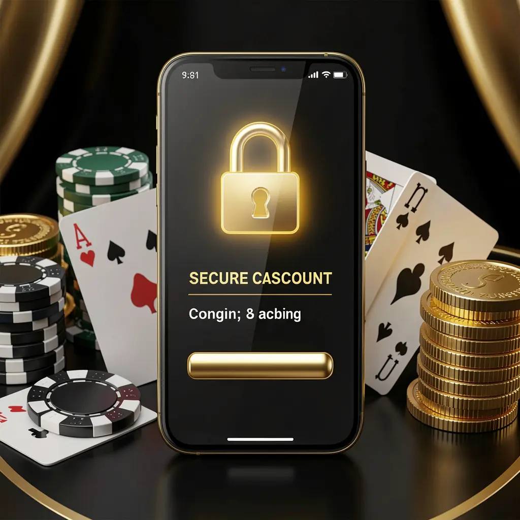 XE999 secure casino account login concept showing a glowing lock icon on a smartphone screen with poker chips, playing cards, and golden coins on an elegant black and gold background