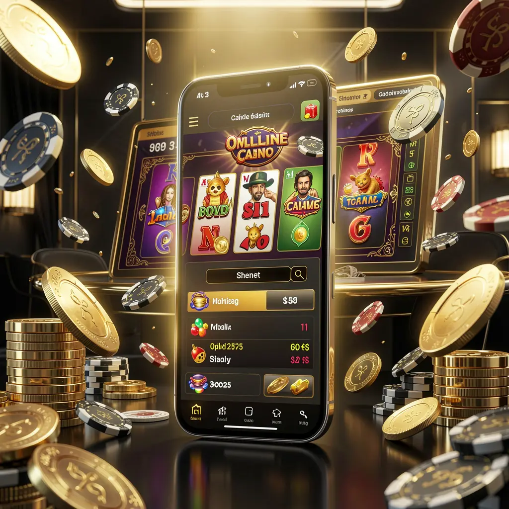 XE999 modern online casino main page visual featuring a smartphone with a glowing gaming interface, coins and chips flying around in a black and gold luxury atmosphere