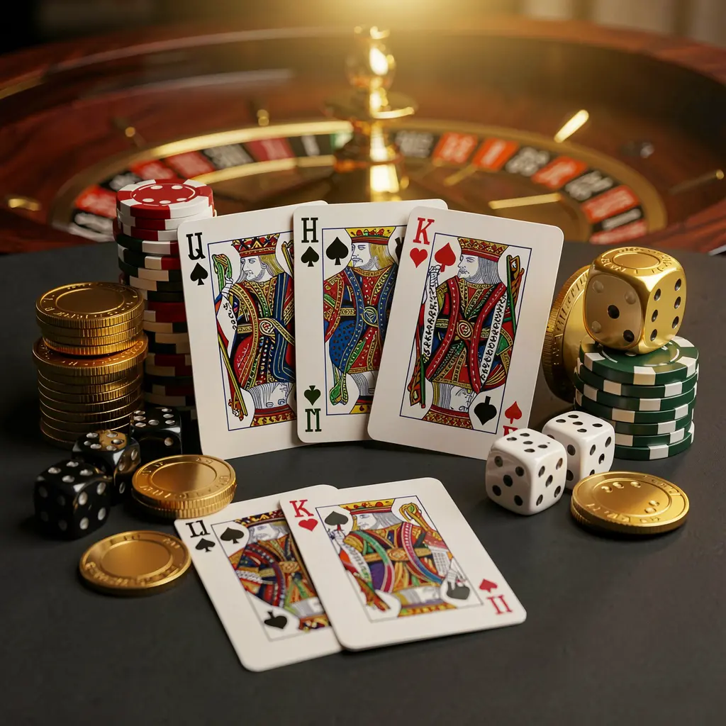 XE999 elegant online casino homepage featuring royal flush cards, dice, golden coins, poker chips on a dark table with a glowing roulette wheel in the background in a cinematic 3D render